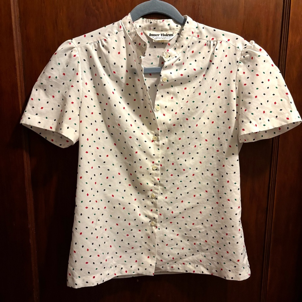 vintage ship’n shore white button up blouse w/ diamond confetti party print 🔸♦️🔷 - Picture 6 of 15